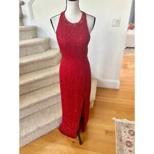 Vintage Y2K Cache Silk Red Beaded Backless Maxi Slit Gown